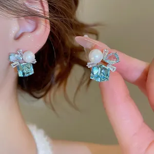 Geometric Square Stud Earrings With 925 Sterling Silver Earring Post Blue Zircon And Imitation Artificial Pearl Elegant Jewelry