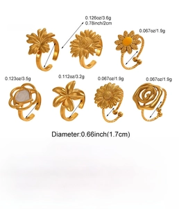 Detailed view of seven gold stainless steel floral rings with sunflower and daisy designs