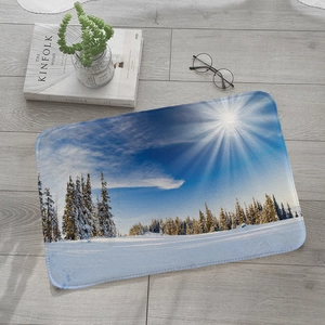 Winter snow scene flannel floor mat with forest print for cozy home bathroom and living room