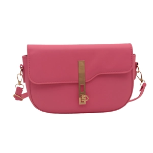 Pink faux leather saddle crossbody bag with a sleek gold vertical bar metal clasp