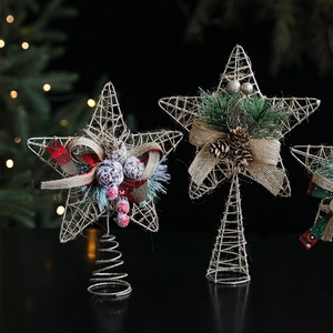 Christmas Tree Topper Star Gold Iron Metal With Burlap Bow Pinecone Berries Festive Holiday Decoration Tree Top Ornament