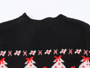 Detail of Christmas knitted sweater neckline with red and white festive jacquard patterns
