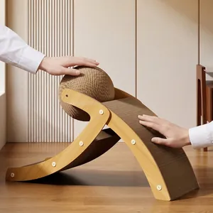 Corrugated cardboard cat scratcher with sisal ball toy for multiple indoor cats