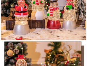 Detailansicht festlicher Weihnachtsschneekugeln mit Weihnachtsmann und Schneemann.