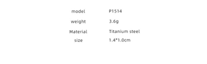 Specifications for titanium steel pendant necklace: model P1514, 3.6g weight, 1.4x1.0cm size