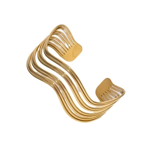 Minimalist multi-layer wavy gold plated stainless steel open bangle for women