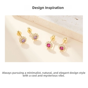 Detail of S925 sterling silver sunflower earrings with purple and pink zircon stones