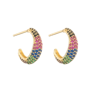 Detail of C-shaped gold-plated copper earrings with colorful micro-pave zircons