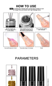 Detail showing metallic nail art liner gel application steps and bottle dimensions