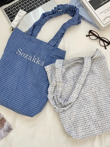 Checkered canvas tote bags with Sozakka embroidery and ruffled straps for daily use
