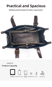 Interior of large capacity tote bag showing multiple pockets and iPad mini storage space