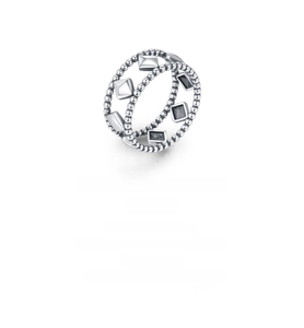 Detailed view of S925 sterling silver ring with geometric square and bead textures