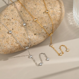 Minimalist Y-Shaped Lariat Necklace Stainless Steel Waterproof Hypoallergenic Round Zircon Drop Elegant Jewelry For Women