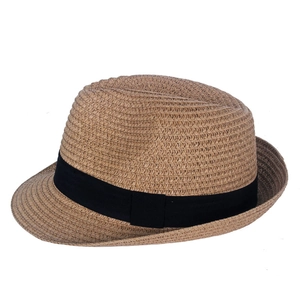 Classic khaki straw fedora hat with black ribbon band for summer outdoor sun protection