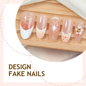 French almond fake nails with nude pink floral art and 3D resin water drop details