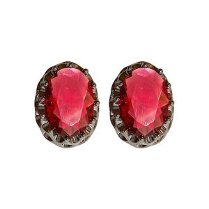 Vintage silver-plated oval red zircon stud earrings with French minimalist style