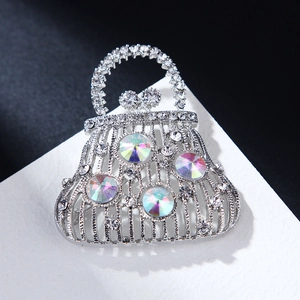 Vintage silver handbag brooch with sparkling AB crystals and rhinestones for women