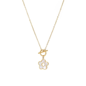 Elegant gold plated stainless steel necklace with white shell flower pendant and OT toggle clasp