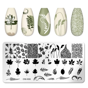Detail of OM-H06 nail stamping plate with maple leaves and botanical pattern designs