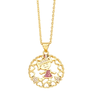 18K gold necklace with hollow round pendant featuring a cartoon girl and purple crystals