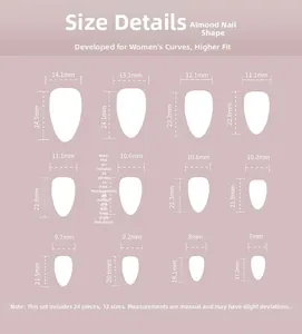 Size chart showing 24 pieces almond press-on nails with width and length dimensions