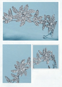 Detailed views of a silver bridal tiara featuring intricate floral patterns and rhinestones