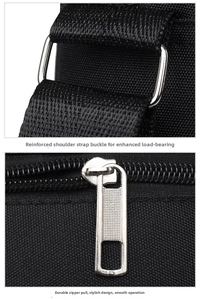 Detail of durable black nylon fabric with reinforced metal square rings and smooth zipper pulls
