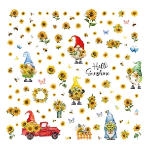Watercolor spring sunflower wall stickers with gnomes, bees, and Hello Sunshine quote