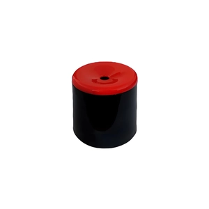 Detail of the black fart toy tube with a flexible red top and center hole for pranks