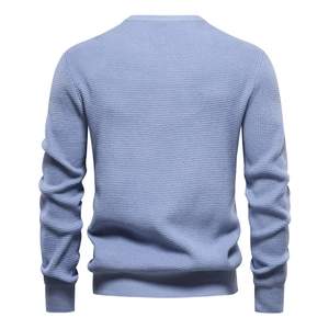 Men's light blue waffle knit crewneck sweater shown from back view on white background