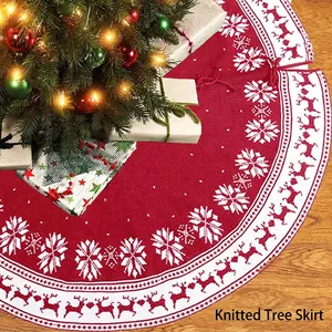 Christmas Tree Skirt Knitted Acrylic Snowflake Reindeer Pattern Holiday Party Decoration Red White Soft Elastic