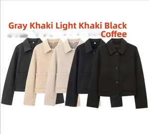 Flat lay of multiple color options for the cropped lapel jacket with front pockets