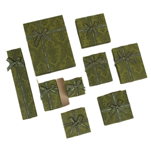 Deep green vintage jewelry gift box set with floral patterns and ribbons in various sizes