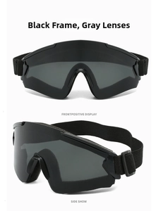 Front and side views of tactical sports goggles with black frames and grey lenses