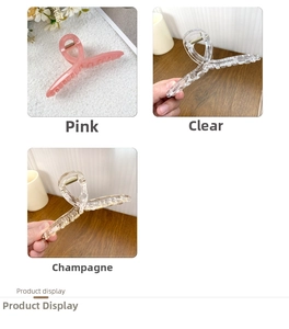 Detailed view of large PC hair claws in pink, clear, and champagne with metal springs