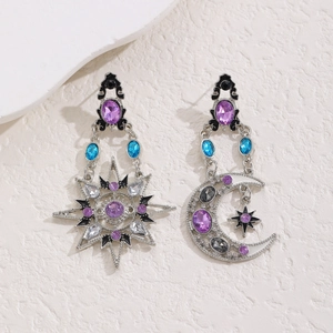 Vintage baroque sun and moon drop earrings with colorful crystals and silver finish