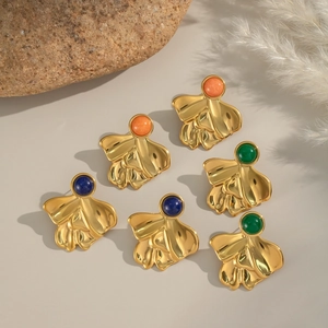 French vintage lapis lazuli geometric gold earrings with textured metal petals