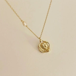 French vintage gold coin pendant necklace with portrait relief and small white pearl
