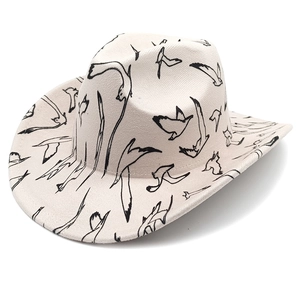 Detail of western cowboy hat in beige with black seagull print and textured fabric
