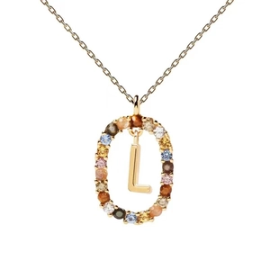 Macro detail of gold necklace with letter L pendant and multicolor cubic zirconia