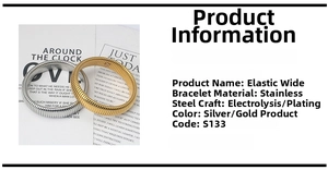 Close-up of wide stretch bangles in gold and silver finish with ribbed texture