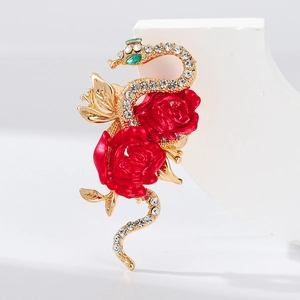 Elegant Snake And Rose Brooch Alloy Rhinestone Enamel Flower Pin Jewelry Gift For Women Fashion Accessories