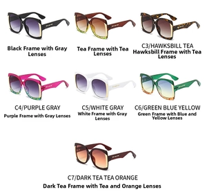 Close-up of stylish square oversized sunglasses in seven diverse frame and lens color options