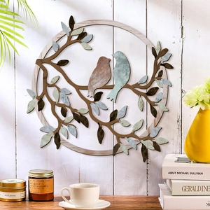 Chickadees flowers wreath wall art featuring two birds on a branch in rustic round design