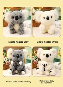 Detail of plush koala toys in grey and white, mother and baby design in cozy setting