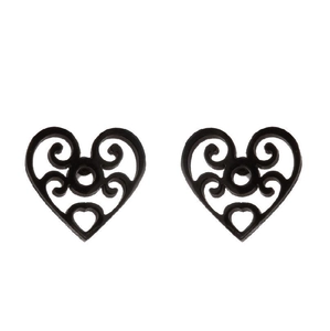 Retro black heart-shaped hollow earrings with intricate scroll patterns on white background