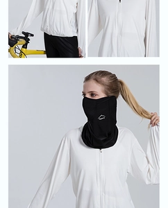 Detail of white hooded sun protection jacket with finger loops and mesh cycling face mask