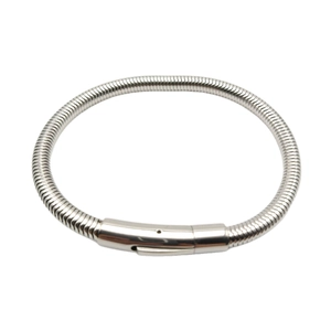 Sleek silver stainless steel snake bone chain bracelet with polished cylindrical buckle