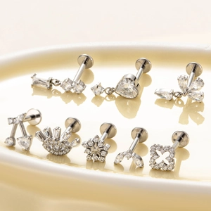 Set of 8 silver titanium flat back stud earrings with heart, star and floral zirconia
