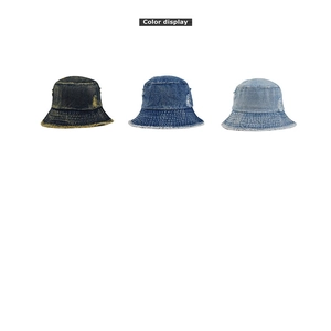 Detailed comparison of frayed edge denim bucket hats in dark, medium, and light blue washes